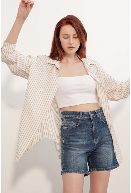 Kadın Oversize Çizgili Gömlek 20412
