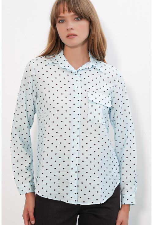 Kadın Tek Cepli Puantiyeli Oversize Gömlek 20399