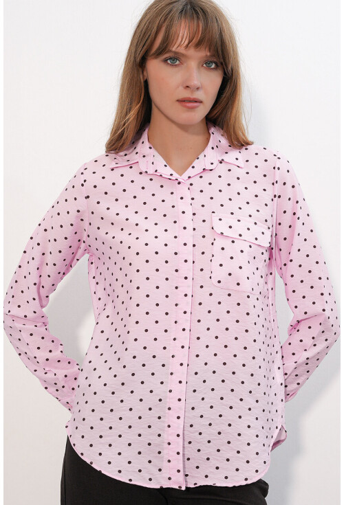 Kadın Tek Cepli Puantiyeli Oversize Gömlek 20399