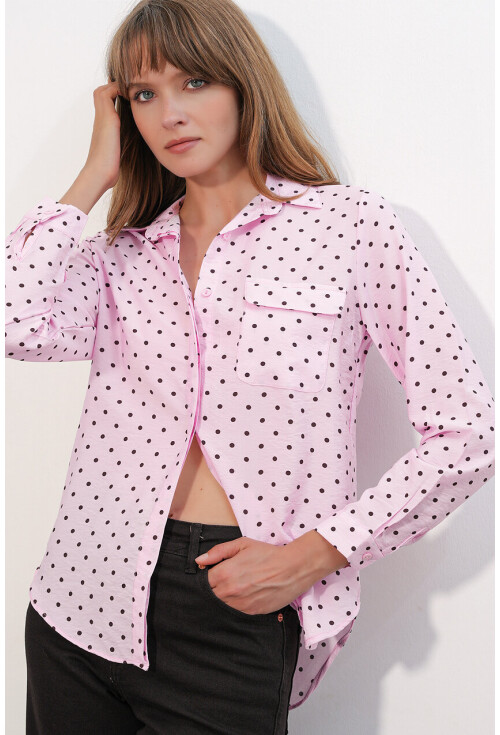 Kadın Tek Cepli Puantiyeli Oversize Gömlek 20399