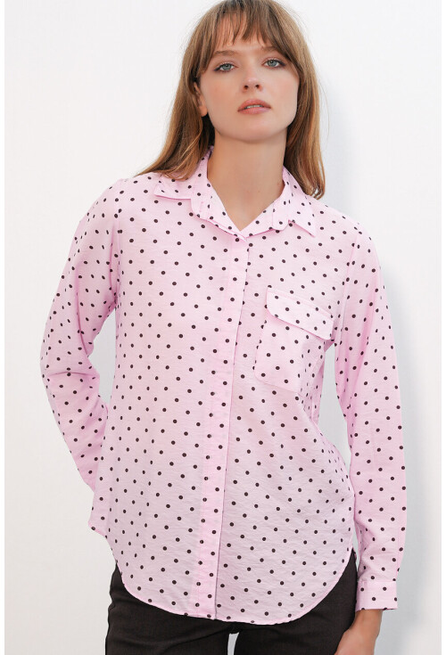Kadın Tek Cepli Puantiyeli Oversize Gömlek 20399
