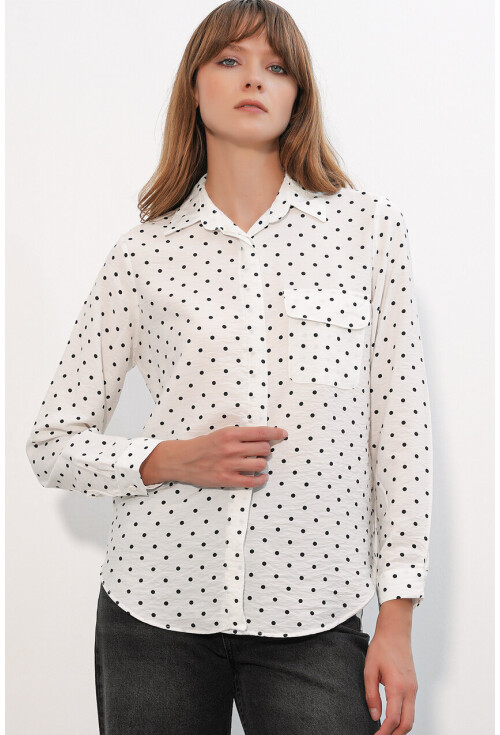 Kadın Tek Cepli Puantiyeli Oversize Gömlek 20399
