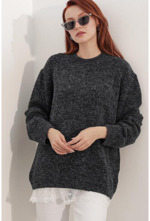 Kadın Tül Detaylı Oversize Triko Kazak 15968
