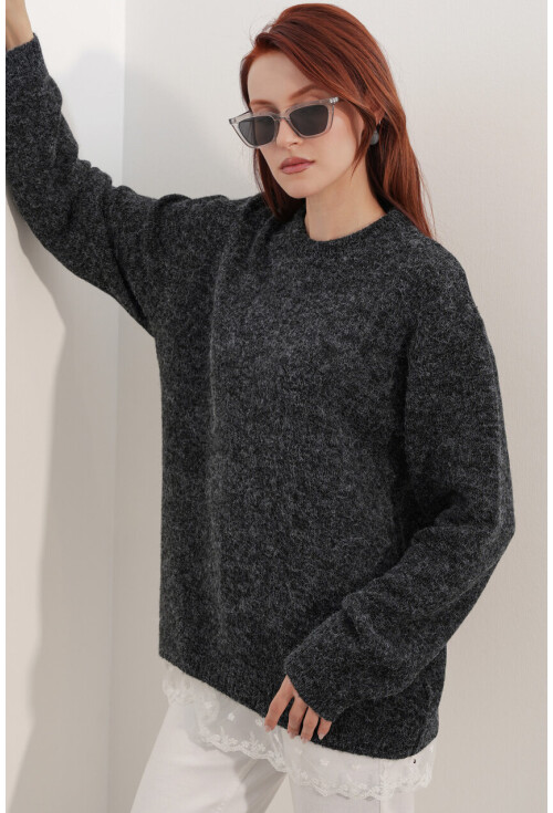 Kadın Tül Detaylı Oversize Triko Kazak 15968