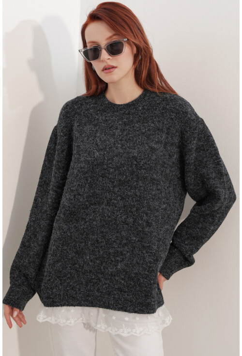 Kadın Tül Detaylı Oversize Triko Kazak 15968