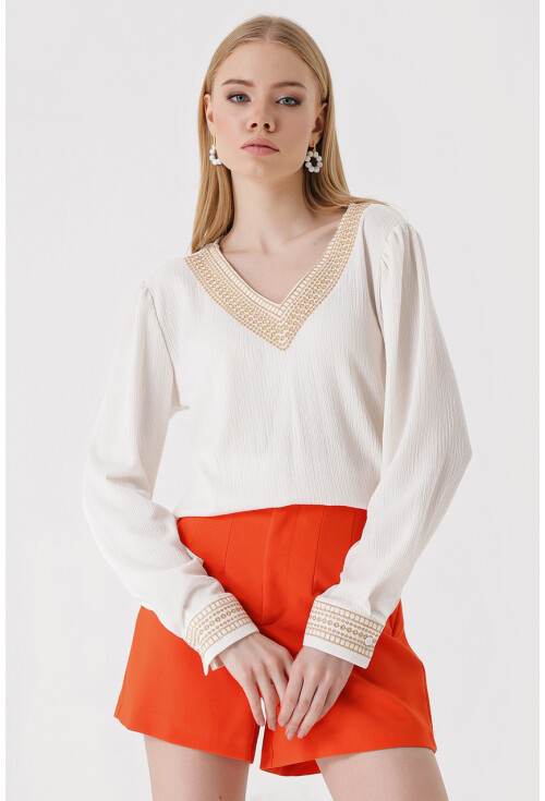 0466 Embroidered V-Neck Knit Blouse