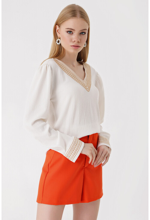 0466 Embroidered V-Neck Knit Blouse