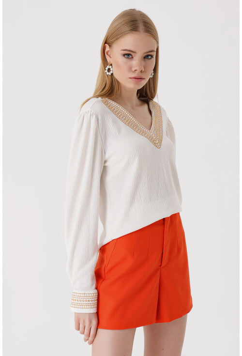 0466 Embroidered V-Neck Knit Blouse
