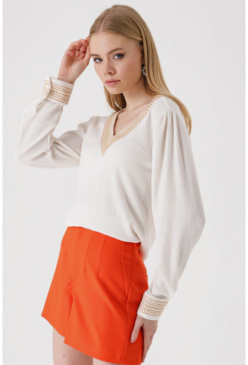 0466 Embroidered V-Neck Knit Blouse