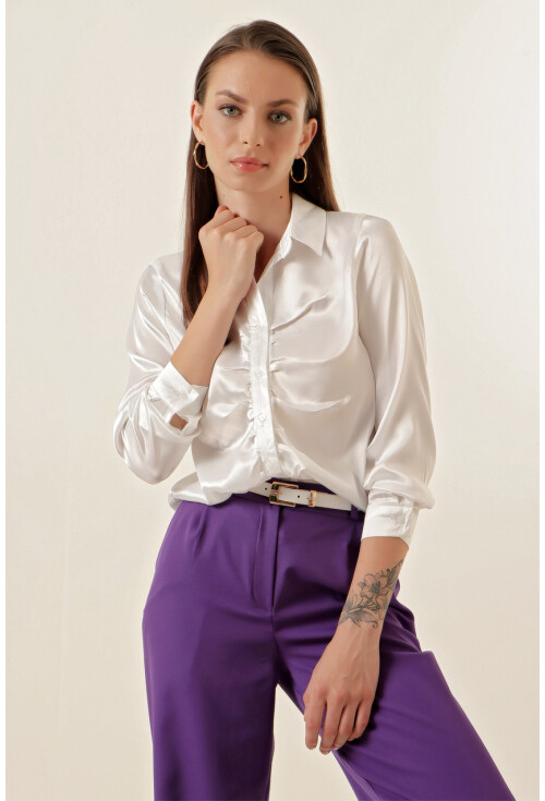 20112 Satin Shirt With Ruched Detail