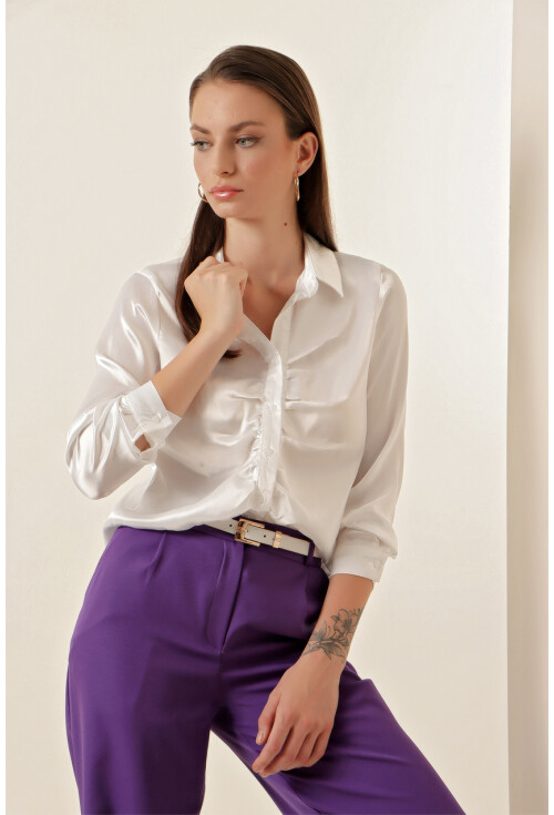 20112 Satin Shirt With Ruched Detail