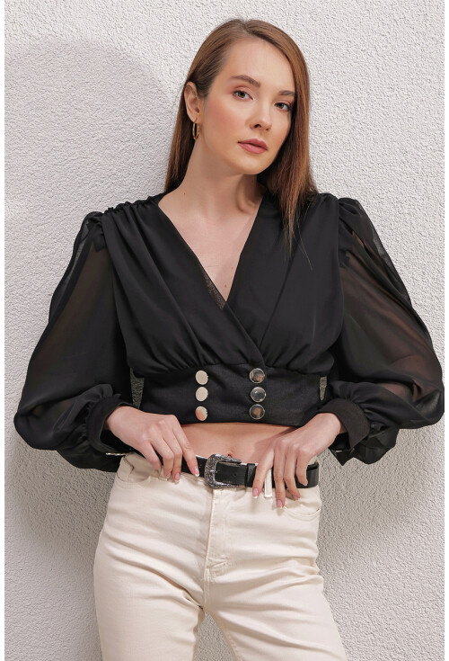 0464 Balon Kol Crop  Bluz