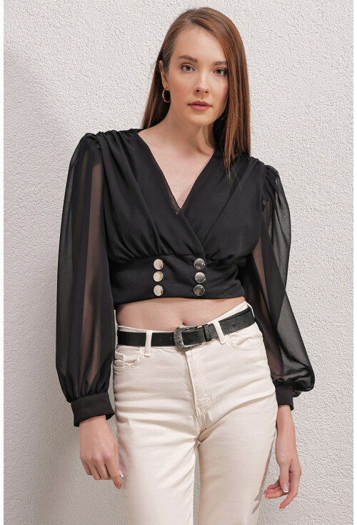 0464 Balon Kol Crop  Bluz