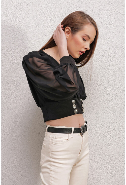 0464 Balon Kol Crop  Bluz