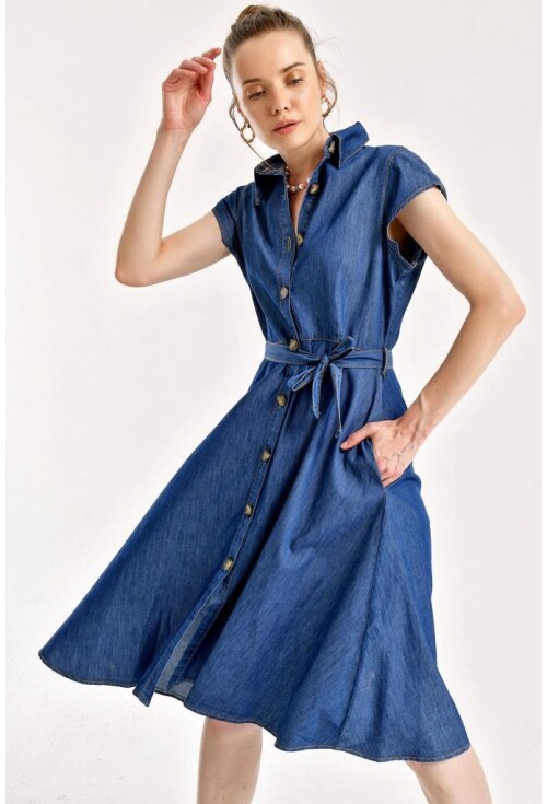 1677 Full-Length Buttoned Denim Dress With Belt