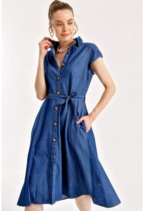 1677 Full-Length Buttoned Denim Dress With Belt