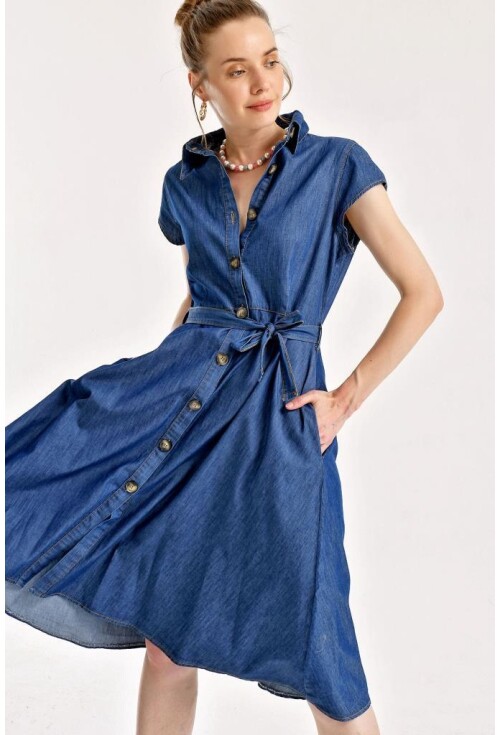 1677 Full-Length Buttoned Denim Dress With Belt