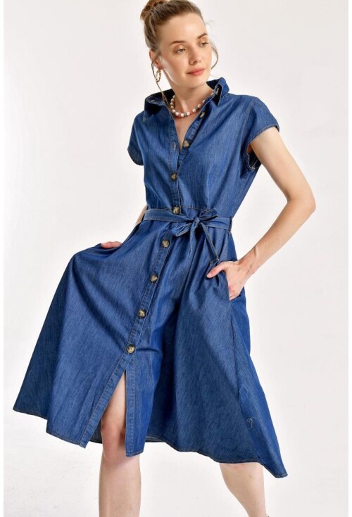 1677 Full-Length Buttoned Denim Dress With Belt