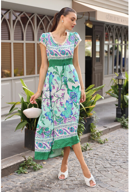 1701 Elastic Waist Patterned Dress