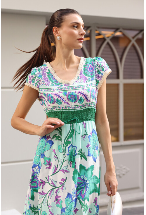 1701 Elastic Waist Patterned Dress