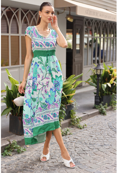 1701 Elastic Waist Patterned Dress