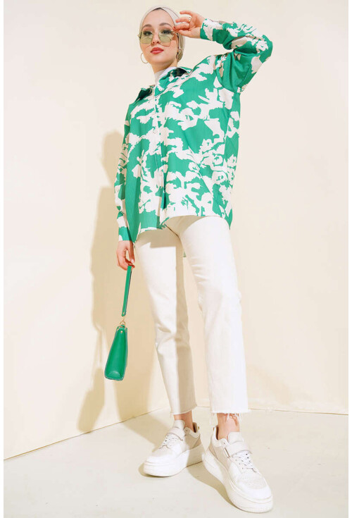 20179 Patterned Long Oversized Shirt