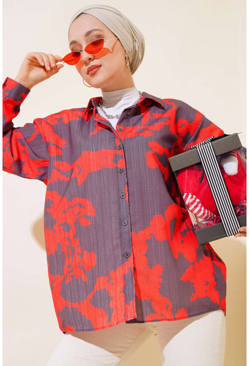 20179 Patterned Long Oversized Shirt