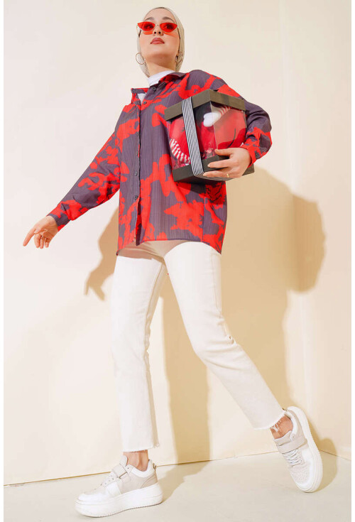 20179 Patterned Long Oversized Shirt