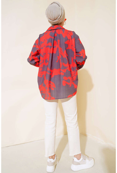 20179 Patterned Long Oversized Shirt