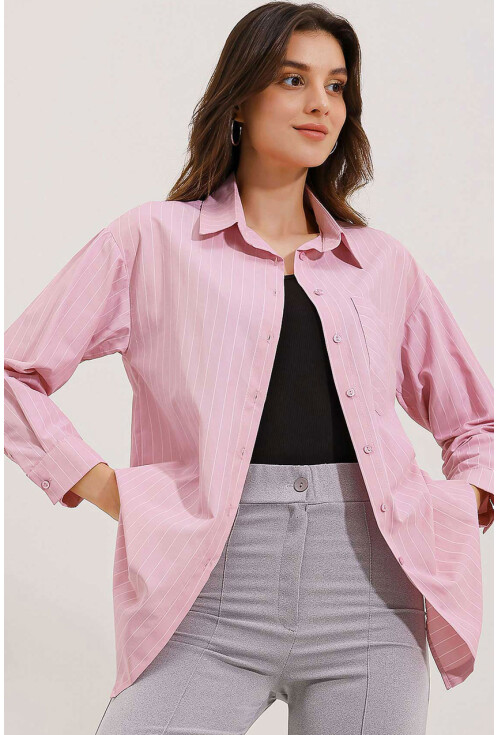 20217 Cep Detaylı Çizgili Oversize Gömlek