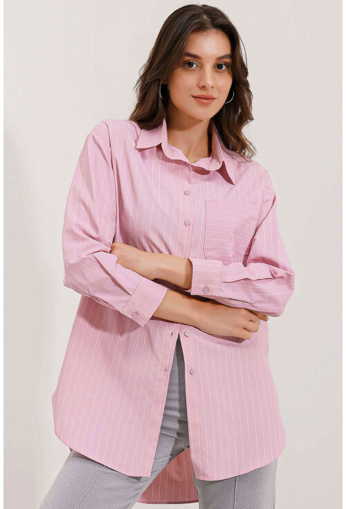 20217 Cep Detaylı Çizgili Oversize Gömlek