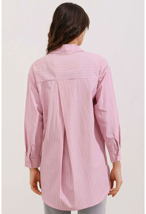 20217 Cep Detaylı Çizgili Oversize Gömlek