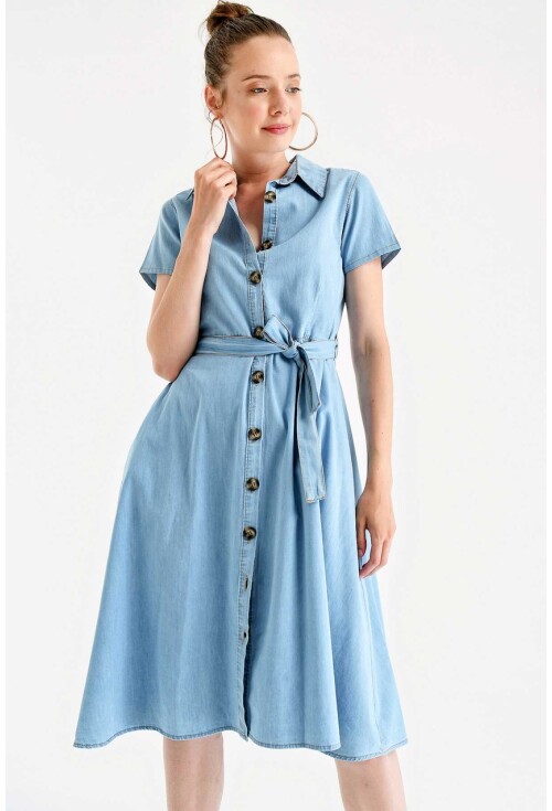 1677 Full-Length Buttoned Denim Dress With Belt