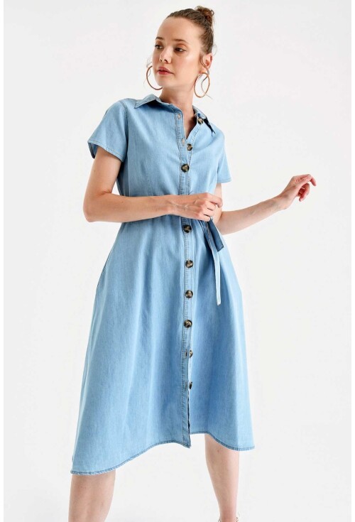 1677 Full-Length Buttoned Denim Dress With Belt