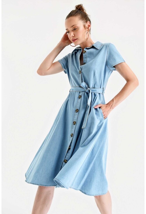 1677 Full-Length Buttoned Denim Dress With Belt