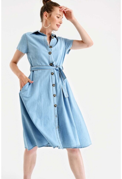 1677 Full-Length Buttoned Denim Dress With Belt