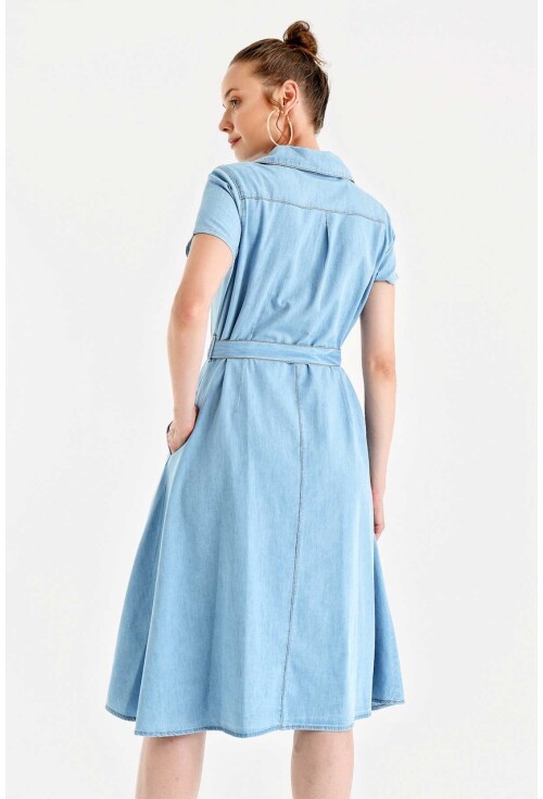 1677 Full-Length Buttoned Denim Dress With Belt