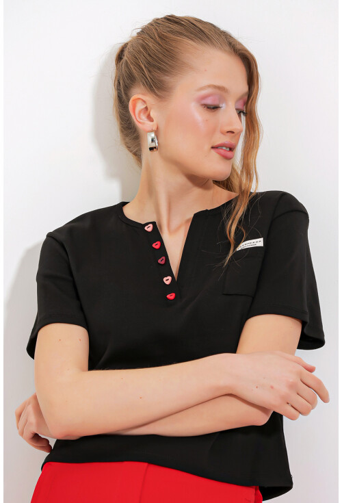 Kadın Düğme Detaylı Kısa Kol Tişört 903