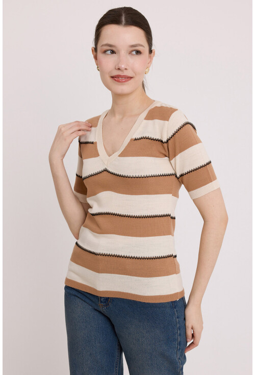 15869 Çizgili Kısa Kol Bluz
