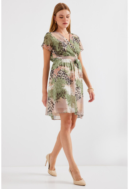 2502 Short Sleeve Patterned Chiffon Dress