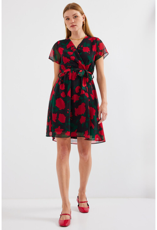 2502 Short Sleeve Patterned Chiffon Dress