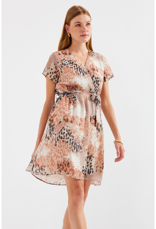 2502 Short Sleeve Patterned Chiffon Dress