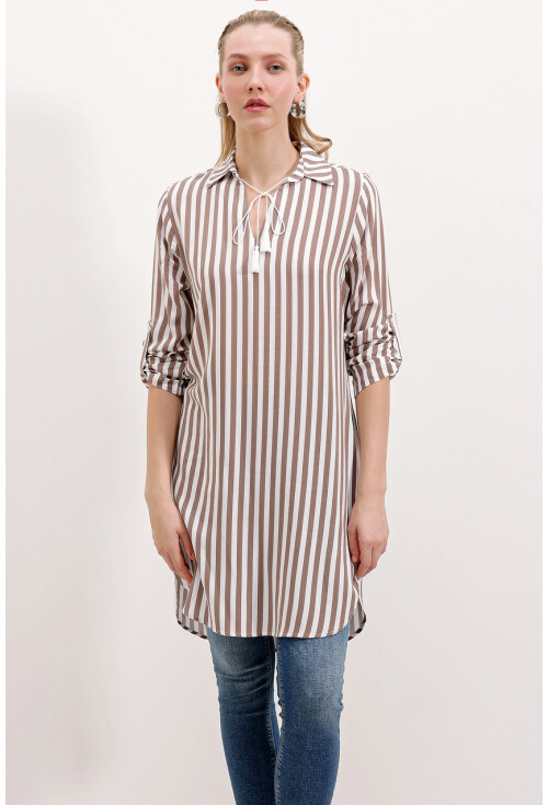 5613 Striped Tunic With Tie Collar