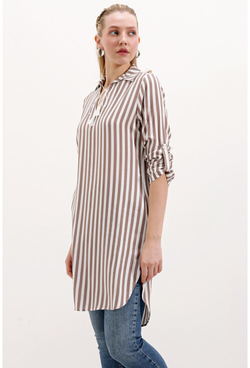 5613 Striped Tunic With Tie Collar