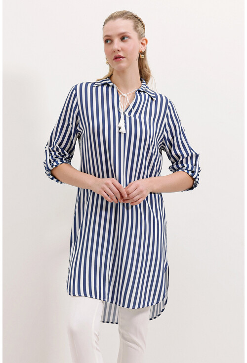 5613 Striped Tunic With Tie Collar