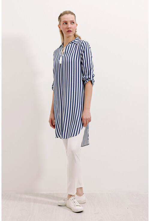 5613 Striped Tunic With Tie Collar