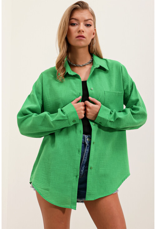 20153 Oversized Linen Shirt With Single Pocket