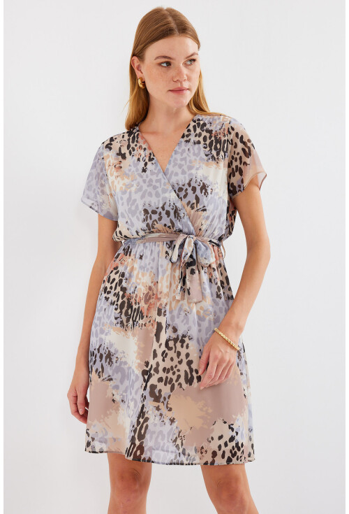 2502 Short Sleeve Patterned Chiffon Dress