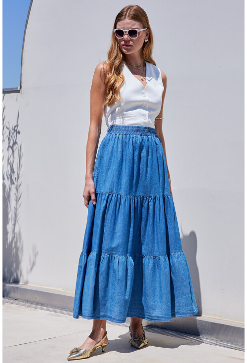 8022 Flounced Long Denim Skirt