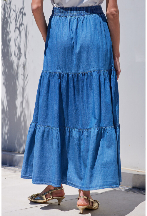8022 Flounced Long Denim Skirt